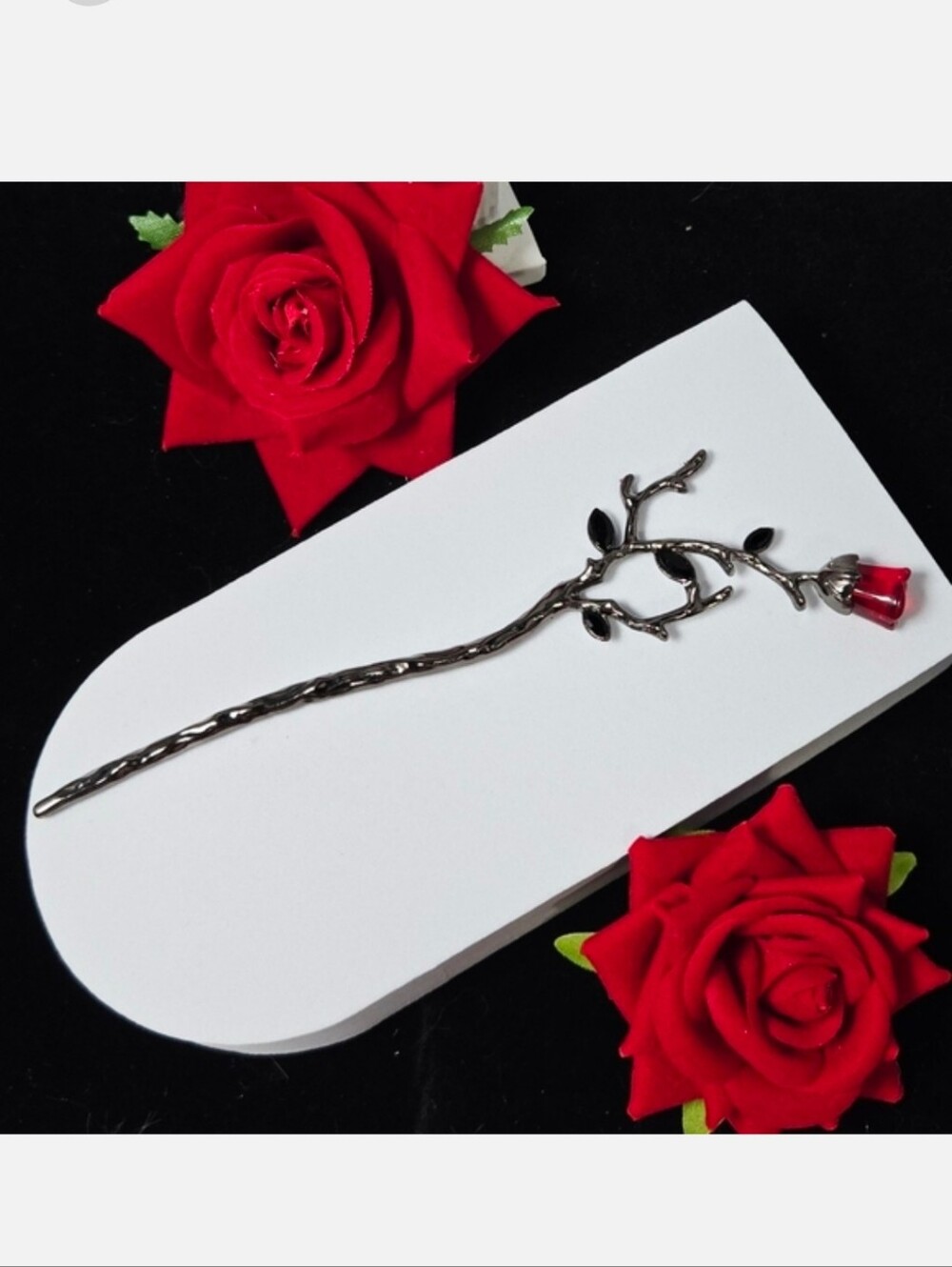 Gothic Rose Gunmetal Hair Pin Black Rhinestone Thorns Dark Romance Long Stick